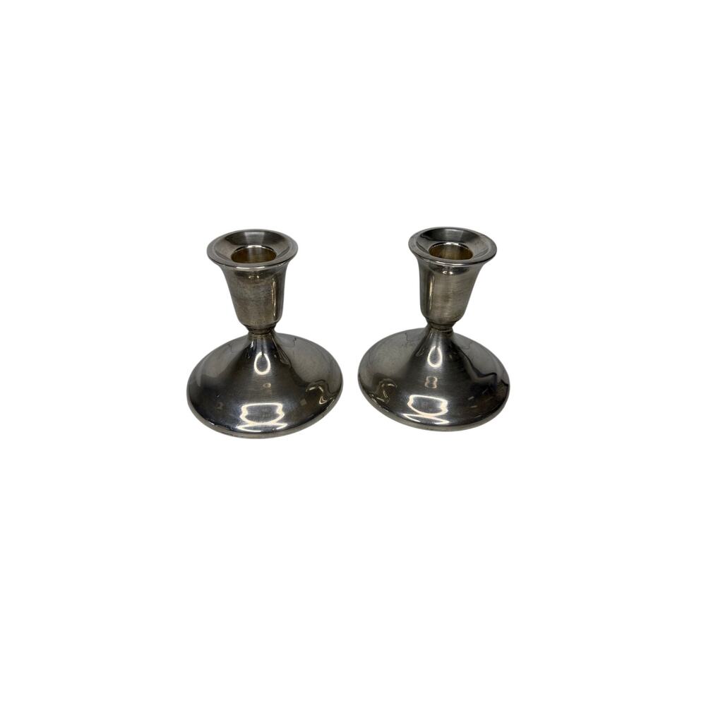 Pair Vintage Silver Plated Weighted Short Taper Candlestick Holders